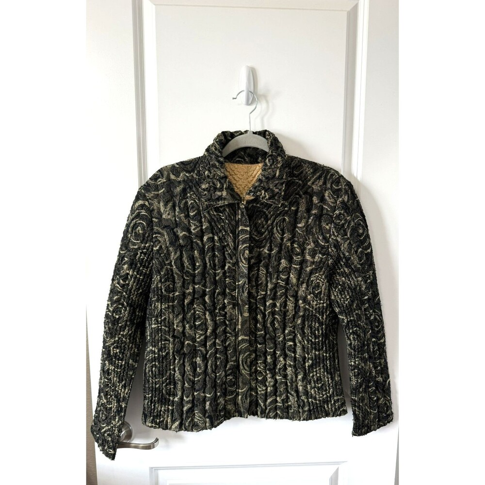 UBU Textured Crinkle Jacket Women M Floral Black gold Reversible Zip Iridescent